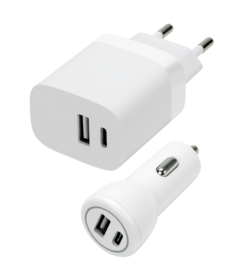 Wall & Car Charger Set USB-A & USB-C 15W, white