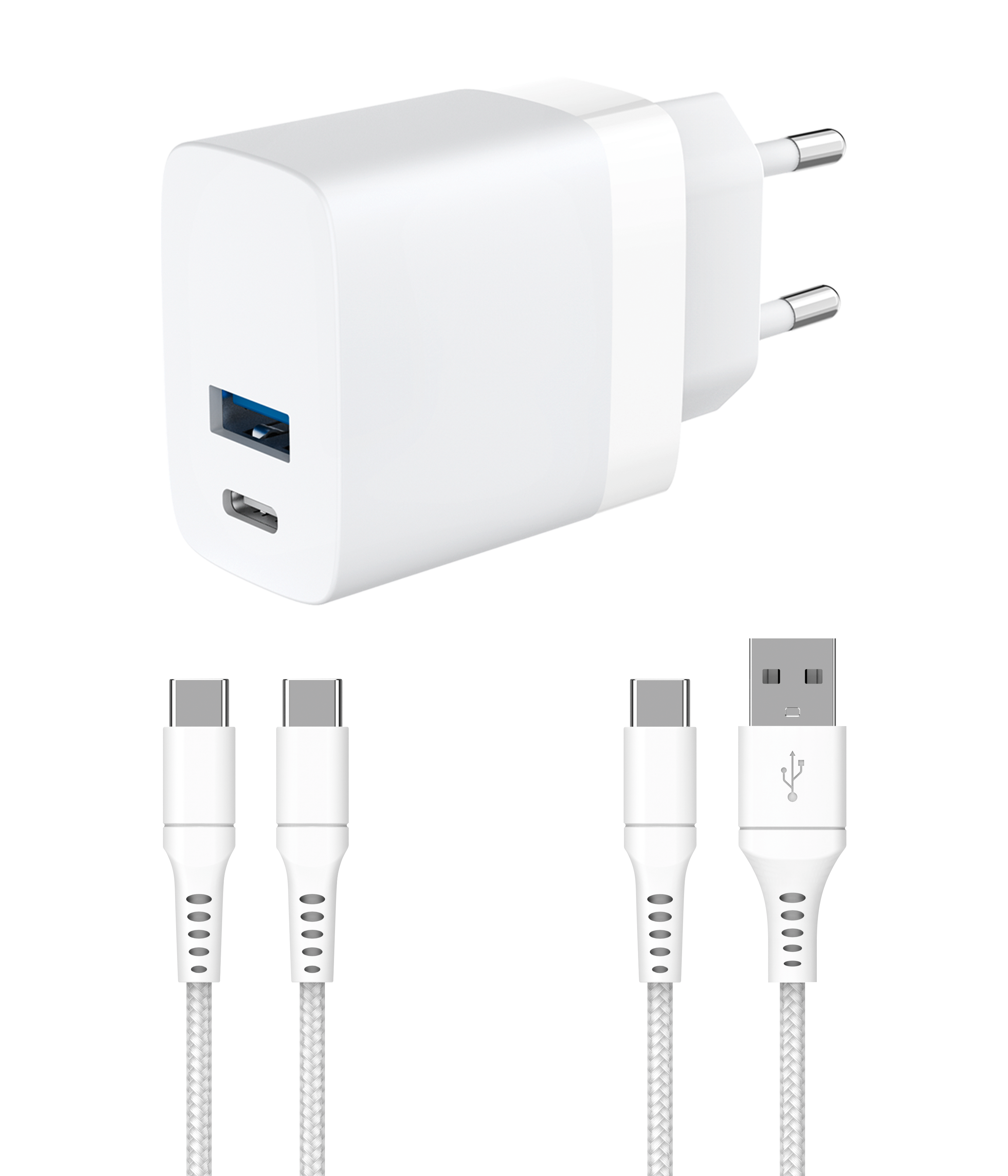 GaN Ladegerät & 2xKabel USB-A & USB-C, weiß