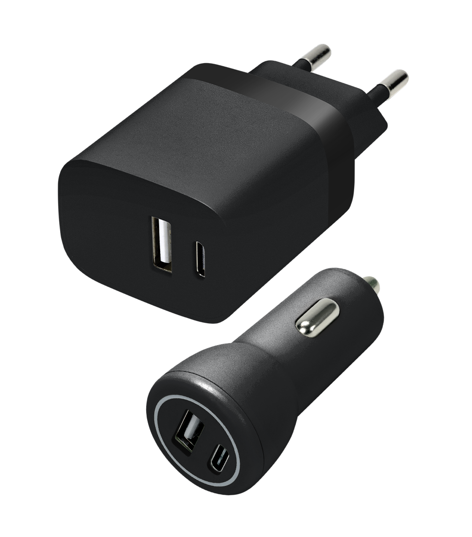 Wall & Car Charger Set USB-A & USB-C 15W, black