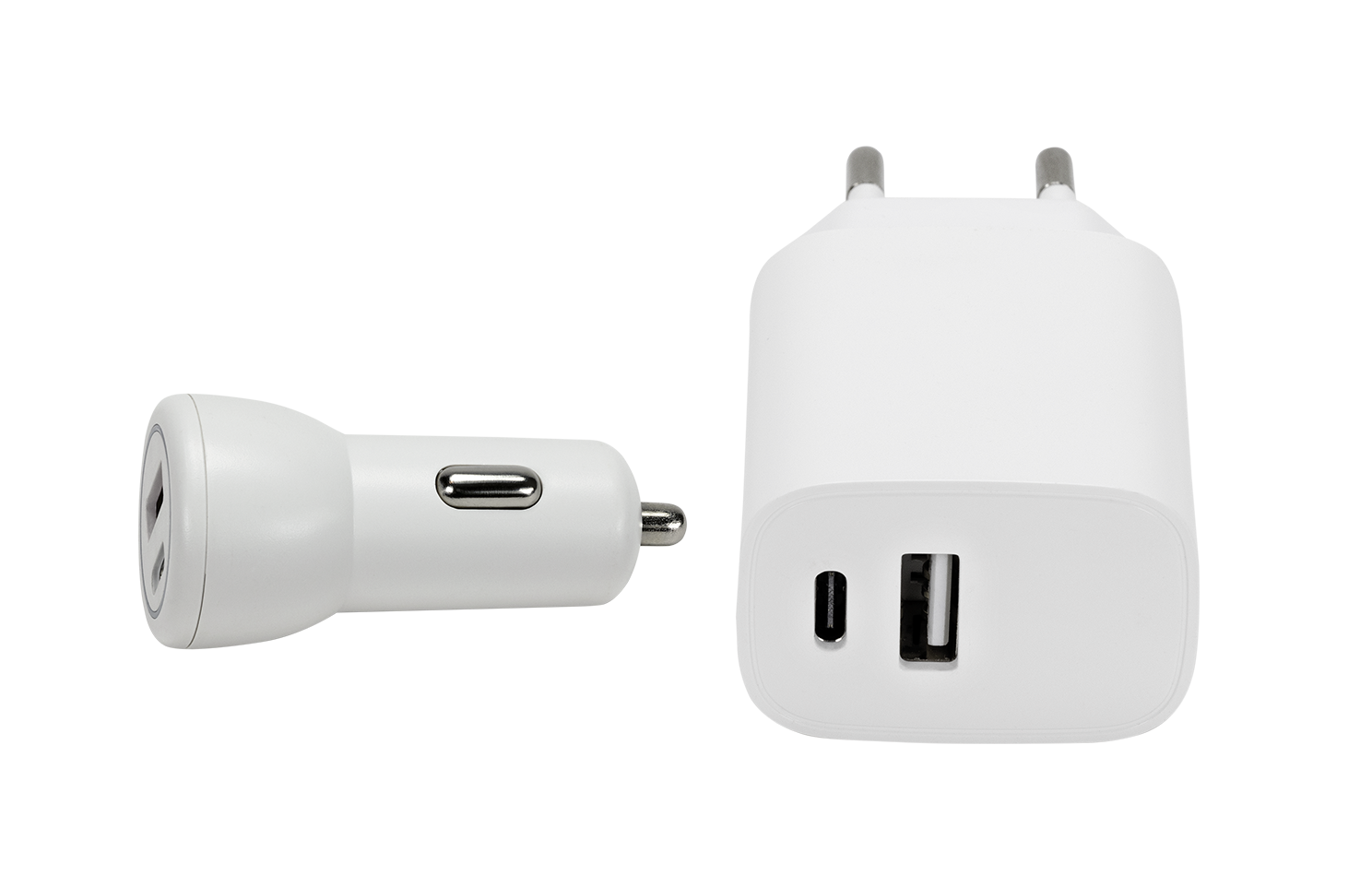 Wall & Car Charger Set USB-A & USB-C 15W, white